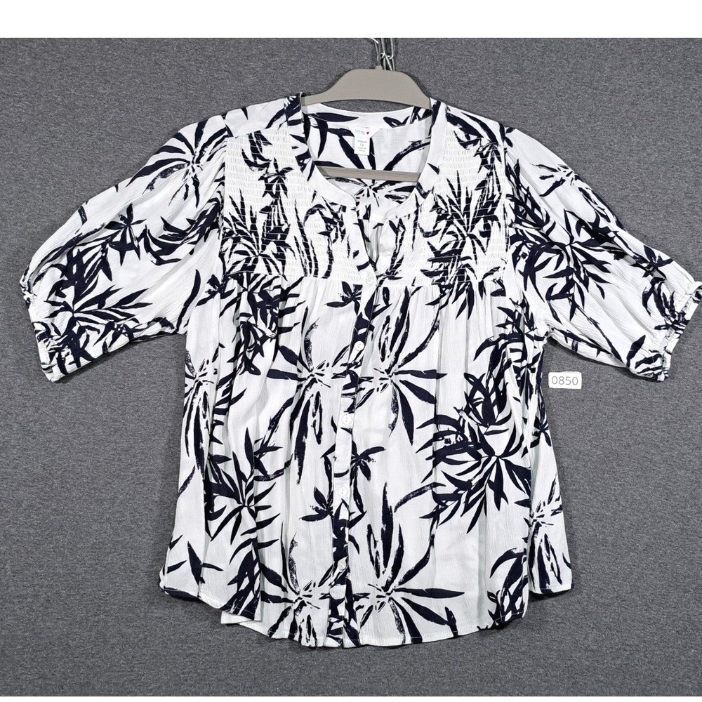 Intro Woman 1X Blouse Navy White Tropical Palm Leaf Rayon Puff Sleeve 44520P